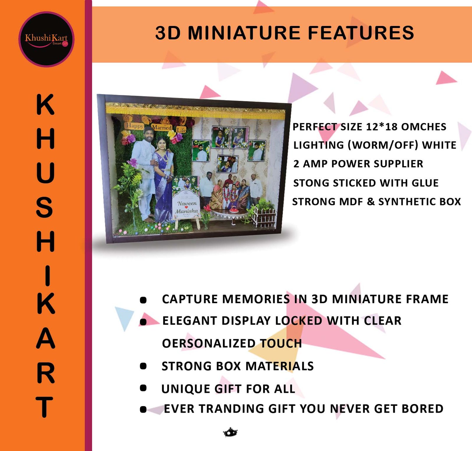 Customized 3D Miniature Wedding and Anniversary Photo Frame with LED Light – Personalized Couple and Family Gift in Handcrafted Synthetic Wooden Box (18Inch)