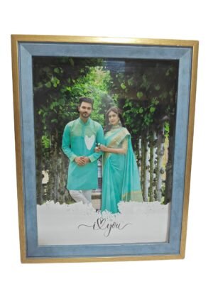 Customized 9x12 inch wooden photo frame with blue and golden border featuring a couple photo and 'I love you' text – perfect for romantic personalized gifts
