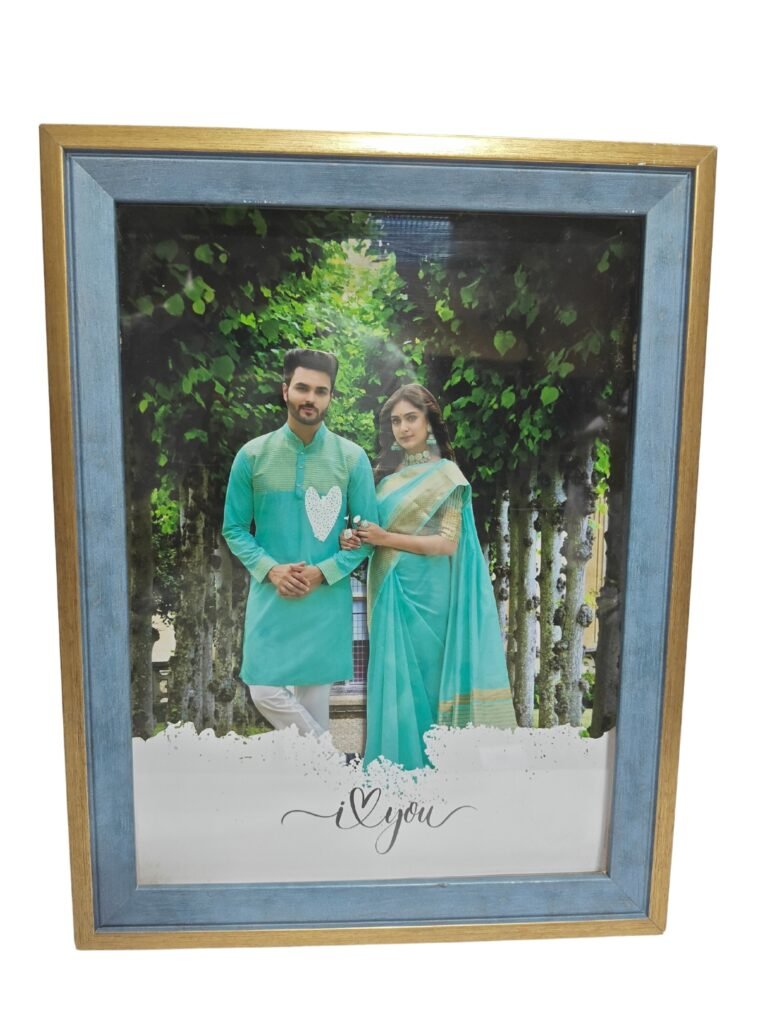 Customized 9x12 inch wooden photo frame with blue and golden border featuring a couple photo and 'I love you' text – perfect for romantic personalized gifts
