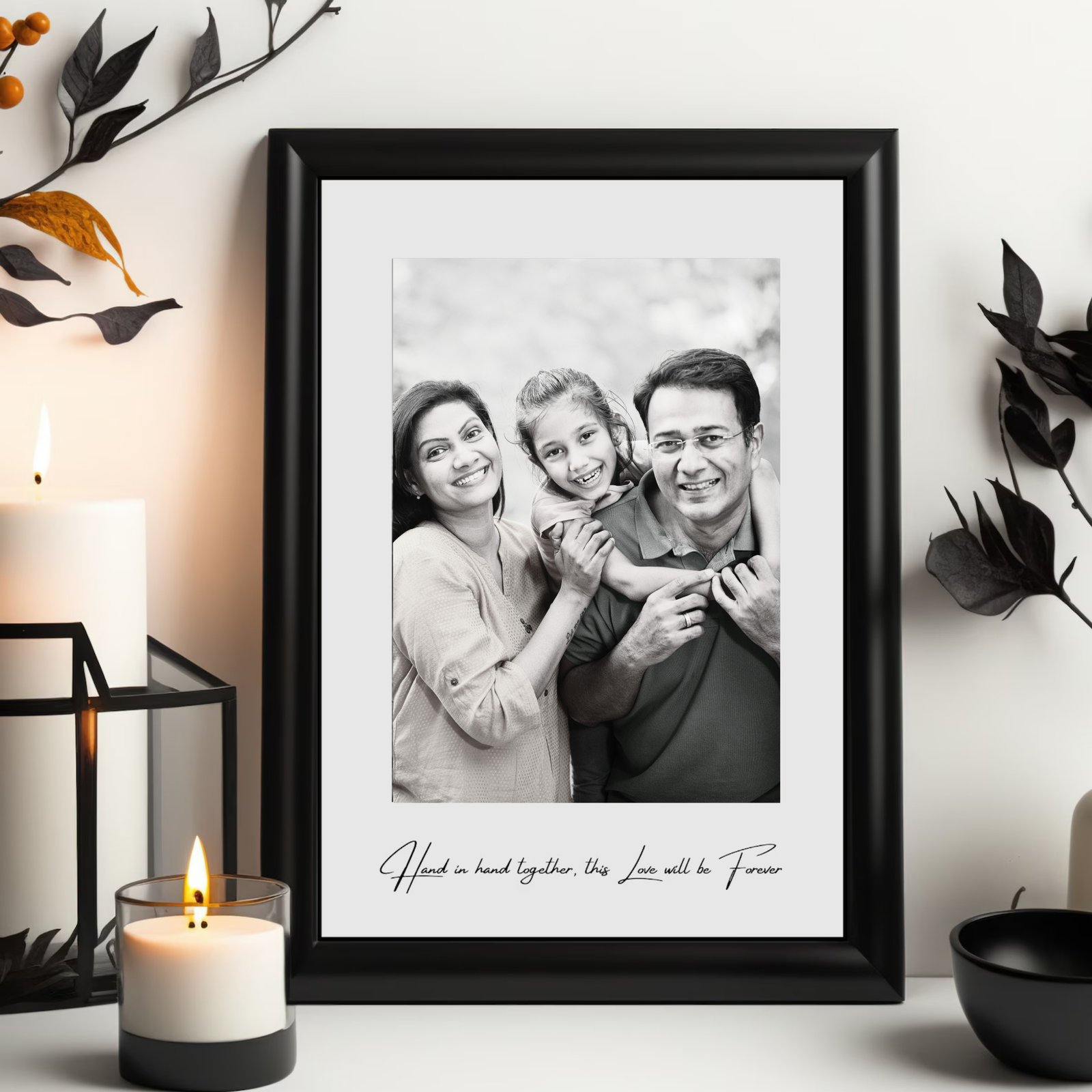 Khushi Kart Customized Black & White Family Photo Frame with Love Quote – Timeless Gift for Home Décor